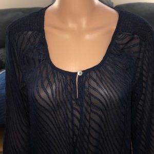 Sheer navy tunic top w 3/4 Length sleeves.
